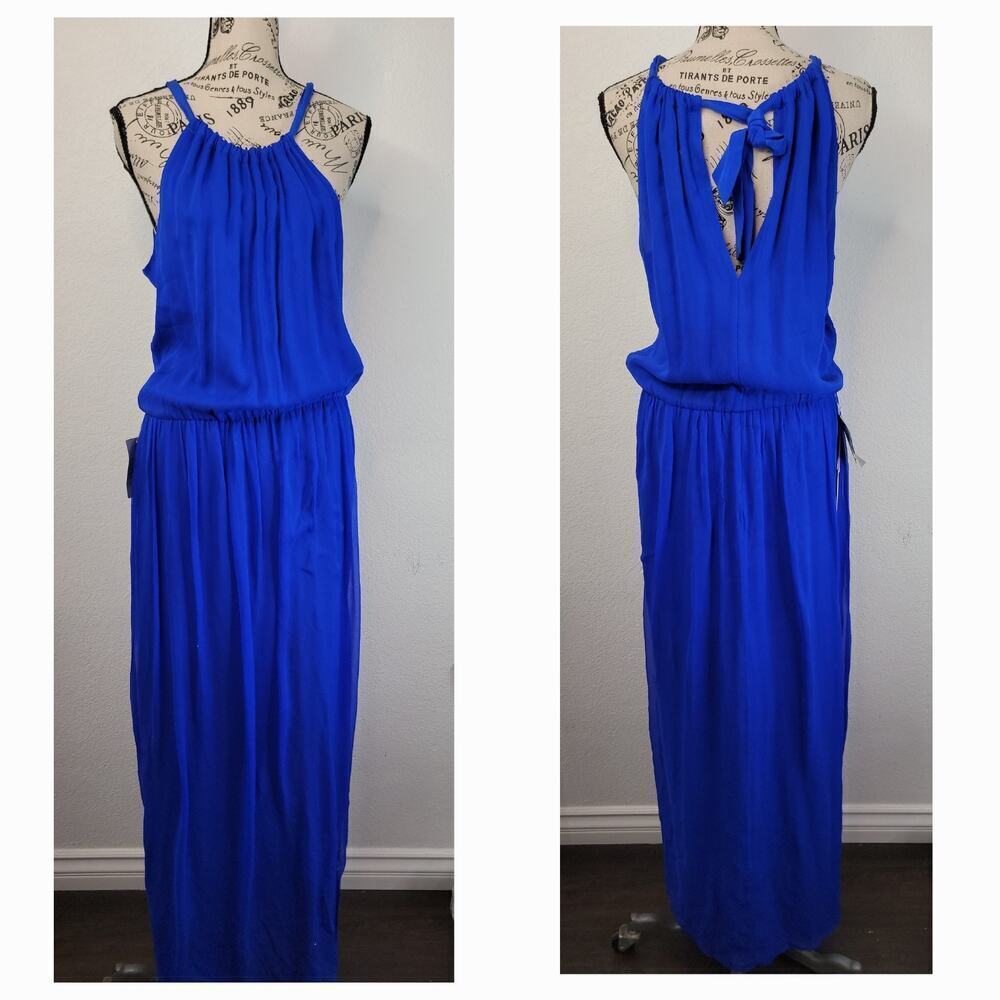 Charlie Jade Halter Slip Silk Maxi Dress Sz Small Cobalt Blue Side Slit